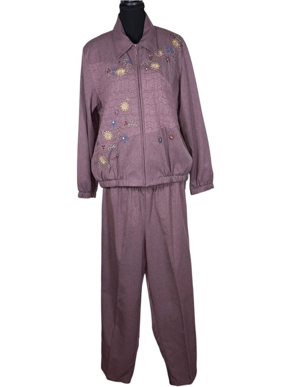 Vintage Floral Embroidered Jacket & Pant Set Purple Cottagecore Grandma Sz 14P - Picture 2 of 8